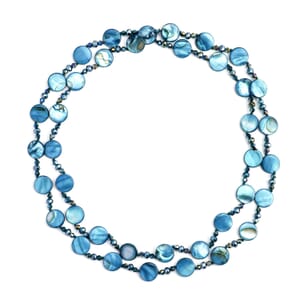 Blue Shell Pearl Coin and Blue Magic Color Glass Beaded Necklace 47 Inches