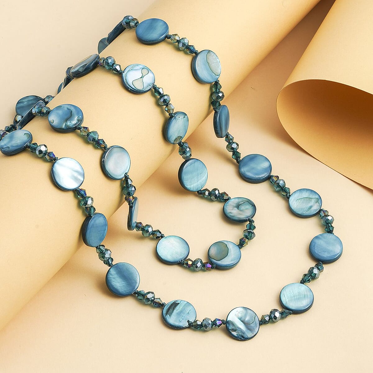Blue Shell Pearl Coin and Blue Magic Color Glass Beaded Necklace 47 Inches image number 1