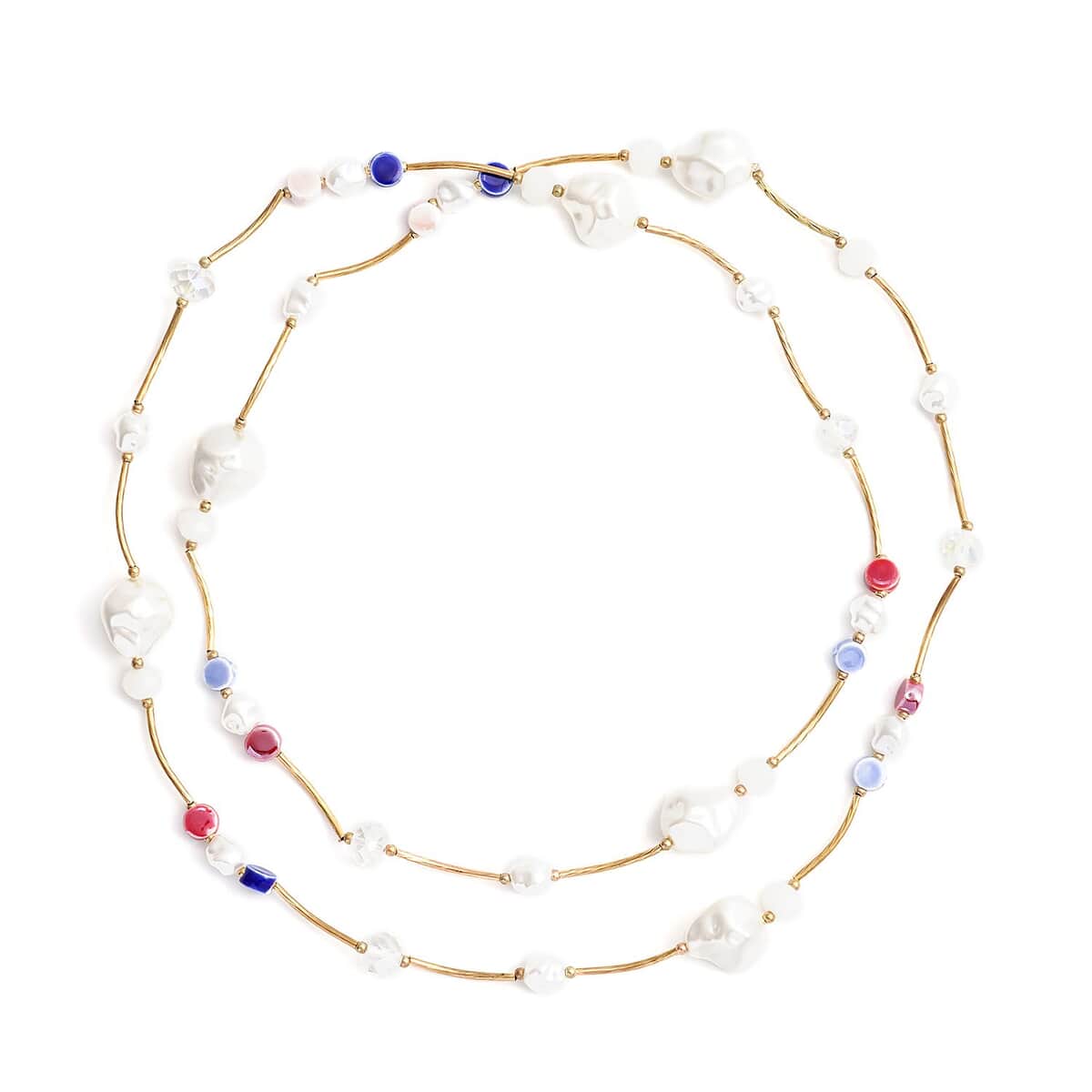 Resin, Multi Color Ceramic and White Glass Station Necklace 45 Inches in Goldtone image number 0