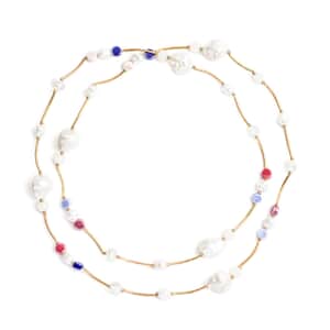 Resin, Multi Color Ceramic and White Glass Station Necklace 45 Inches in Goldtone