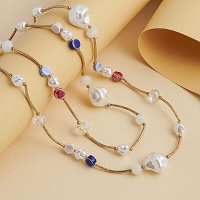 Resin, Multi Color Ceramic and White Glass Station Necklace 45 Inches in Goldtone