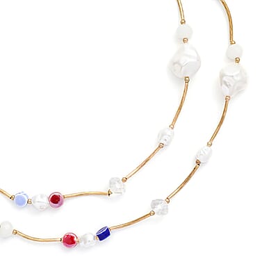 Resin, Multi Color Ceramic and White Glass Station Necklace 45 Inches in Goldtone