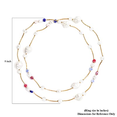 Resin, Multi Color Ceramic and White Glass Station Necklace 45 Inches in Goldtone