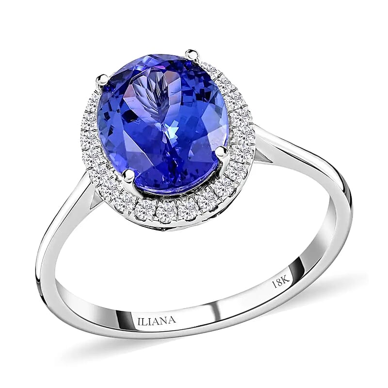Iliana Certified & Appraised AAA Tanzanite and G-H SI Diamond 3.25 ctw Accent Ring, Tanzanite Halo Ring, 18K White Gold Ring, Wedding Ring (Size 10.0)