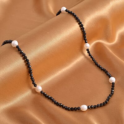Thai Black Spinel, Freshwater Pearl Necklace (18-20 Inches) in Stainless Steel 63.00 ctw , Tarnish-Free, Waterproof, Sweat Proof Jewelry