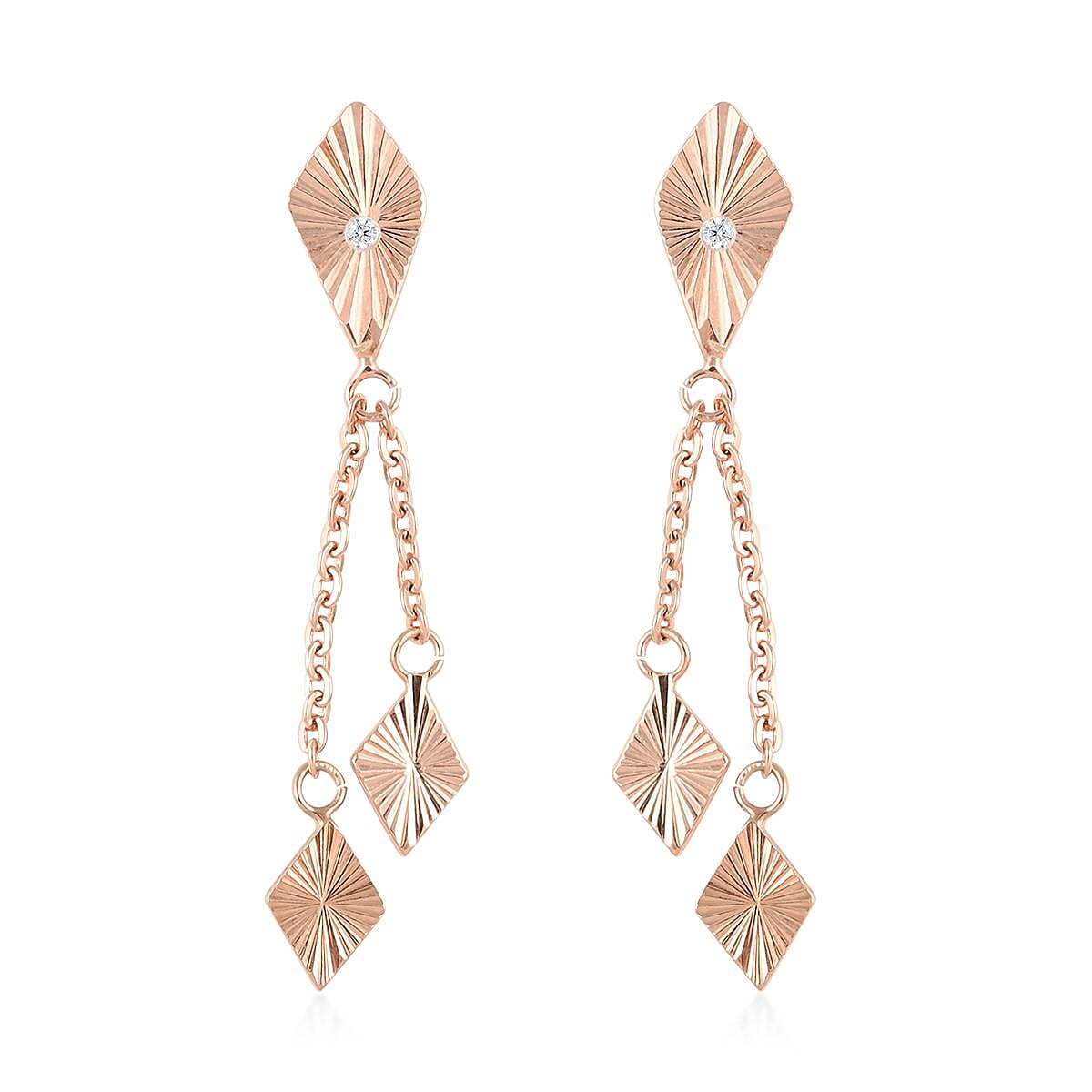 White Zircon Dangle Earrings in 14K RG Over Sterling Silver 1.90 Grams