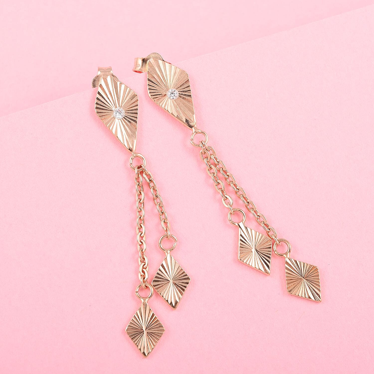 White Zircon Dangle Earrings in 14K RG Over Sterling Silver 1.90 Grams