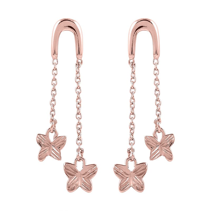 14K Rose Gold Over Sterling Silver Butterfly Dangle Earrings 1.90 Grams