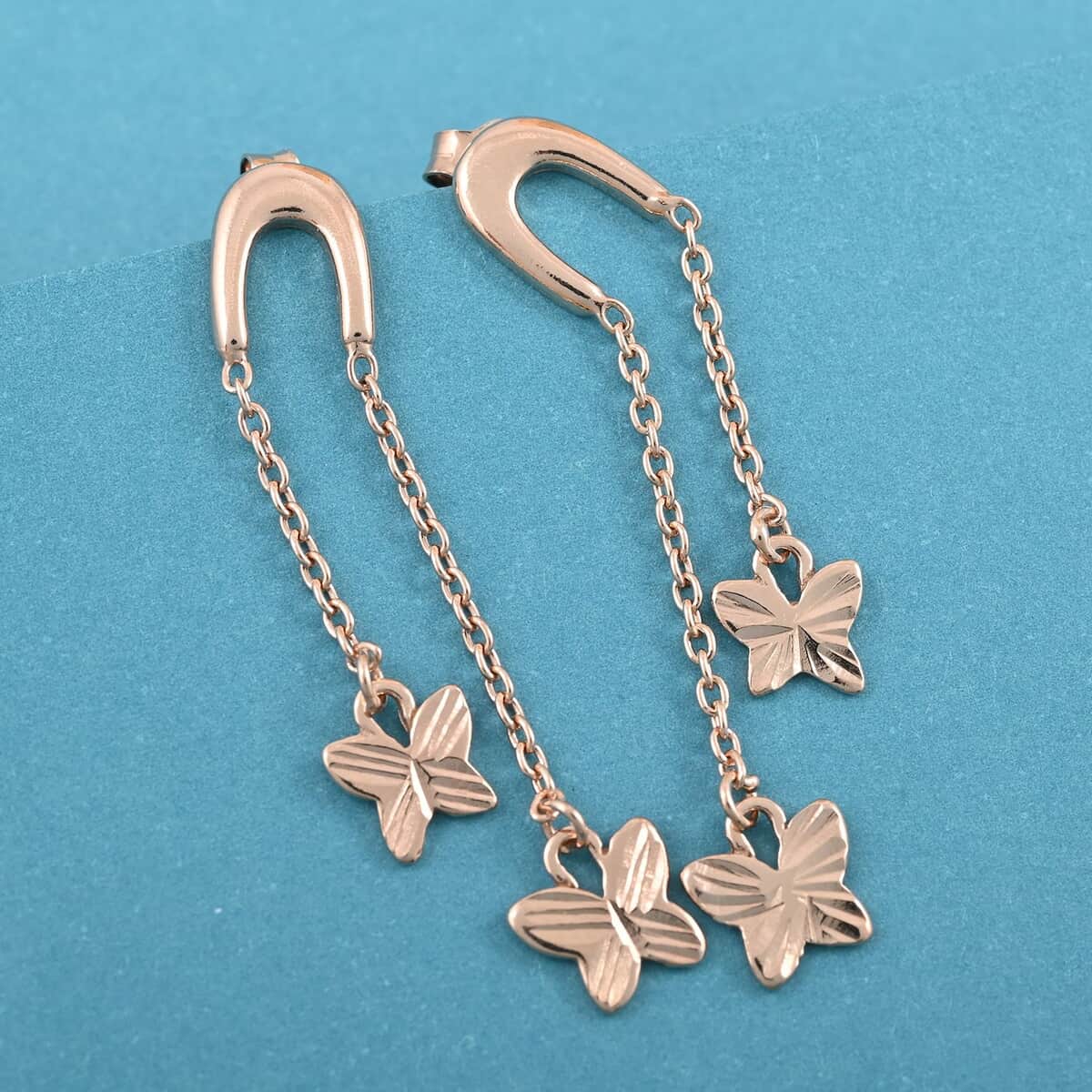 14K Rose Gold Over Sterling Silver Butterfly Dangle Earrings 1.90 Grams image number 1