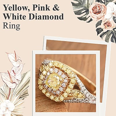 Modani Natural Yellow, Pink & White Diamond 1.00 ctw Ring, Diamond Deco Cluster Ring, 14K Yellow and Rose Gold, Dual Tone Ring, Wedding Ring 1.00 ctw (Size 10.00)