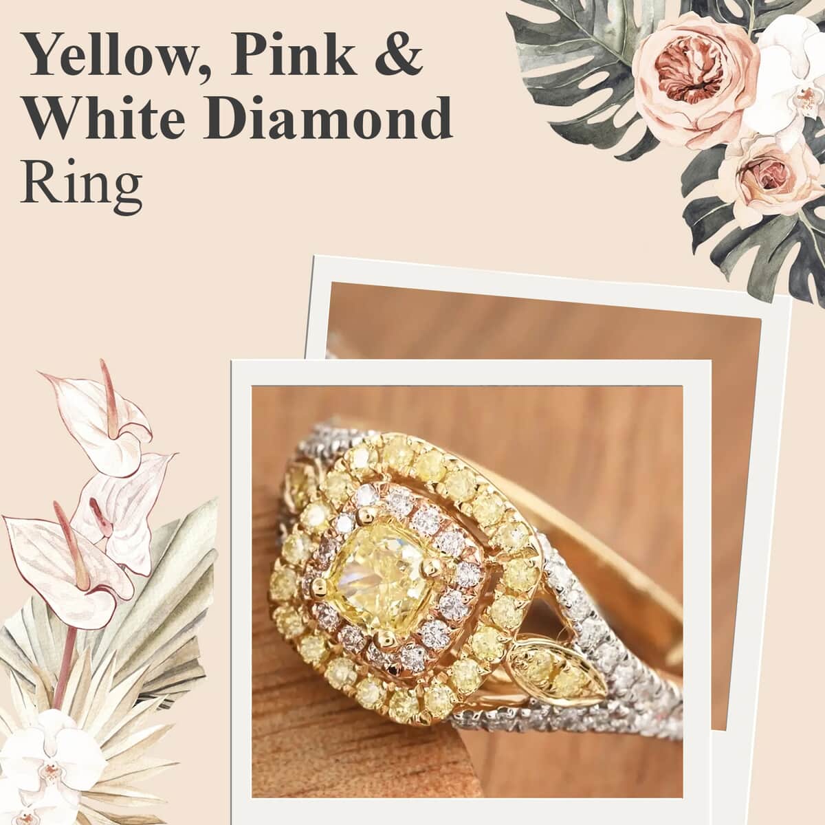 Modani Natural Yellow, Pink & White Diamond Ring, Diamond Deco Cluster Ring, 14K Yellow and Rose Gold, Dual Tone Ring, Wedding Ring 1.00 ctw image number 1