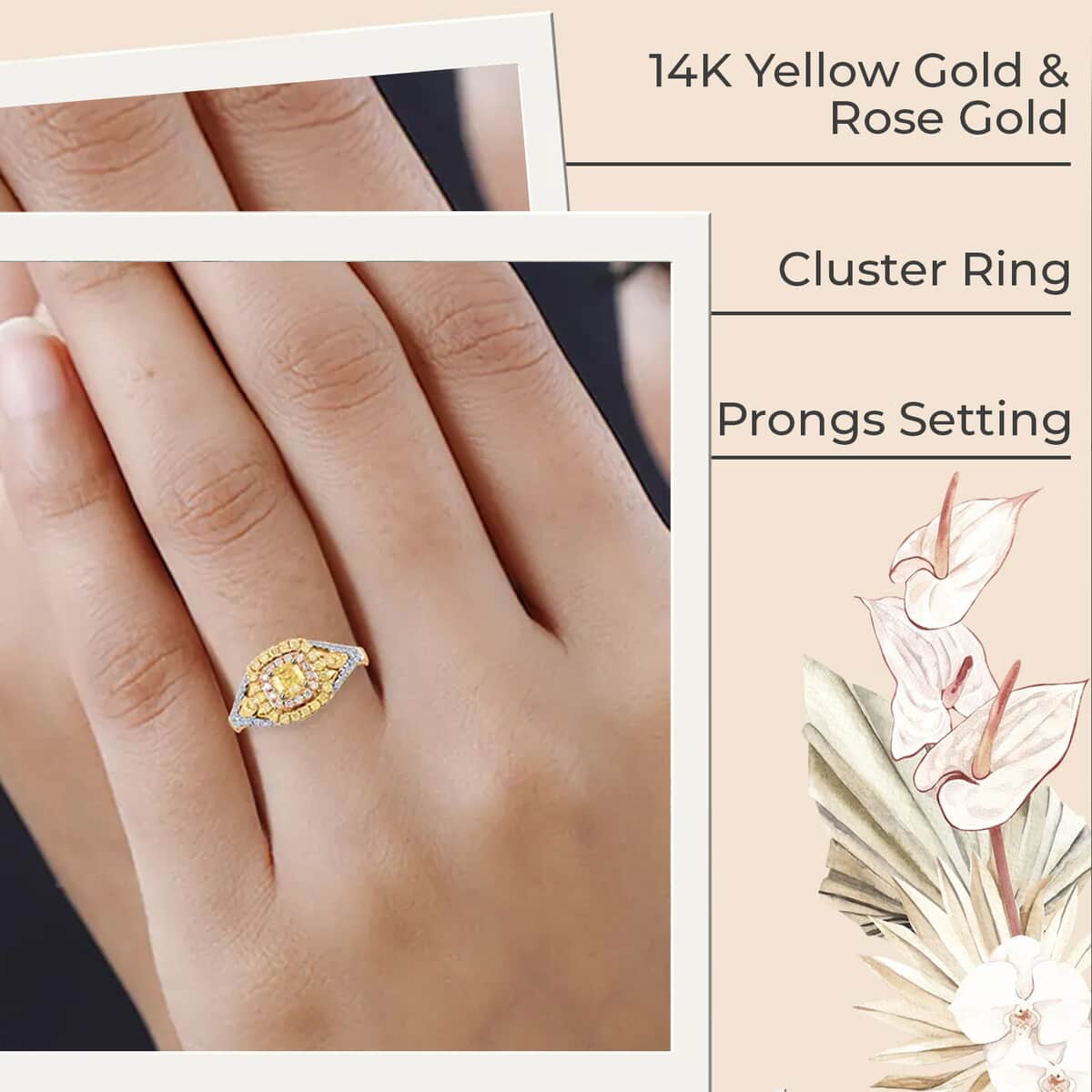 Modani Natural Yellow, Pink & White Diamond Ring, Diamond Deco Cluster Ring, 14K Yellow and Rose Gold, Dual Tone Ring, Wedding Ring 1.00 ctw image number 2