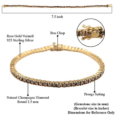 D'Joy Rose Cut Natural Champagne Diamond Tennis Bracelet in Vermeil Rose Gold Over Sterling Silver, Diamond Line Bracelet, Diamond Birthday Anniversary Gift (7.25 In) 6.00 ctw