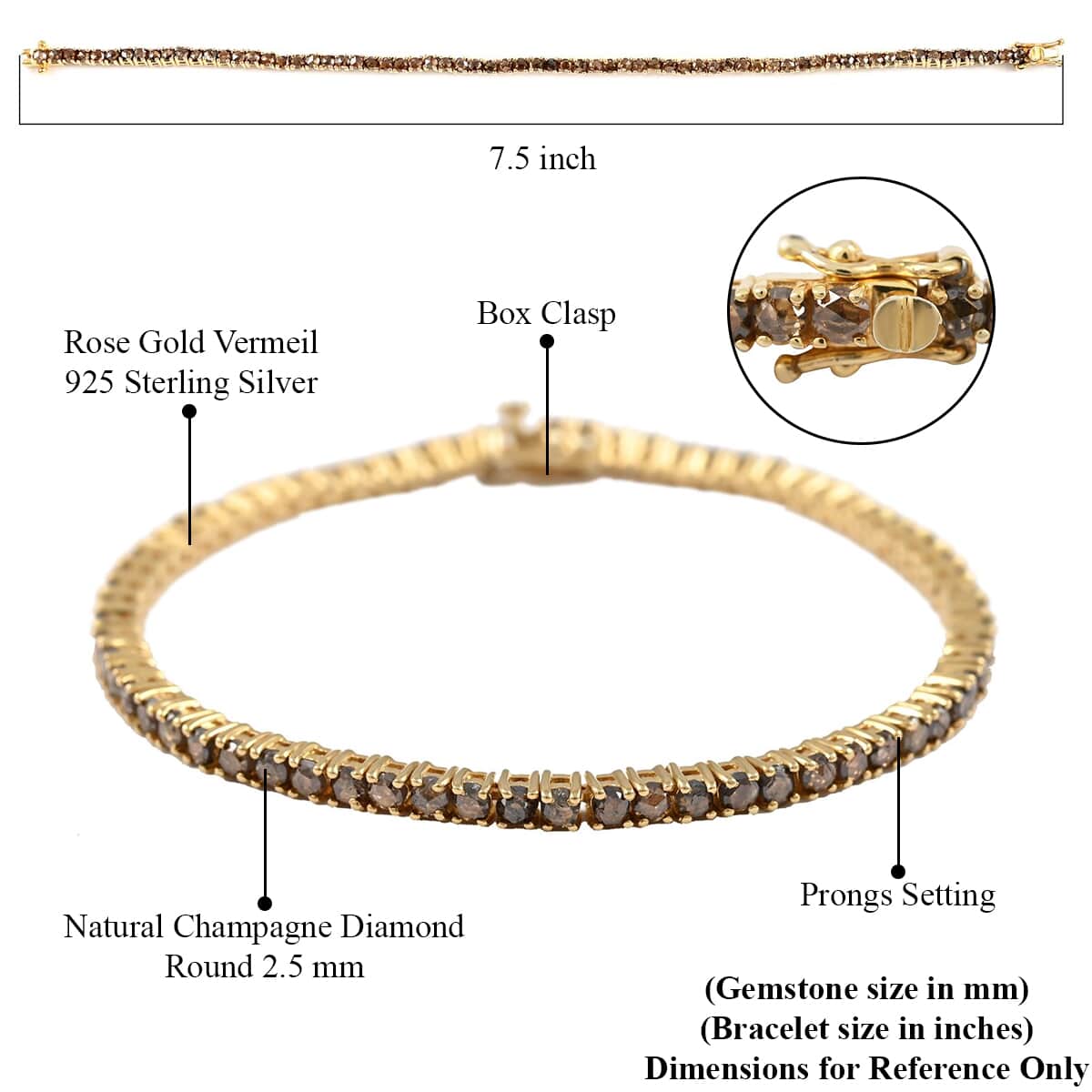 Rose Cut Natural Champagne Diamond Tennis Bracelet in Vermeil Rose Gold Over Sterling Silver (8.00 In) 10 Grams 6.50 ctw image number 4