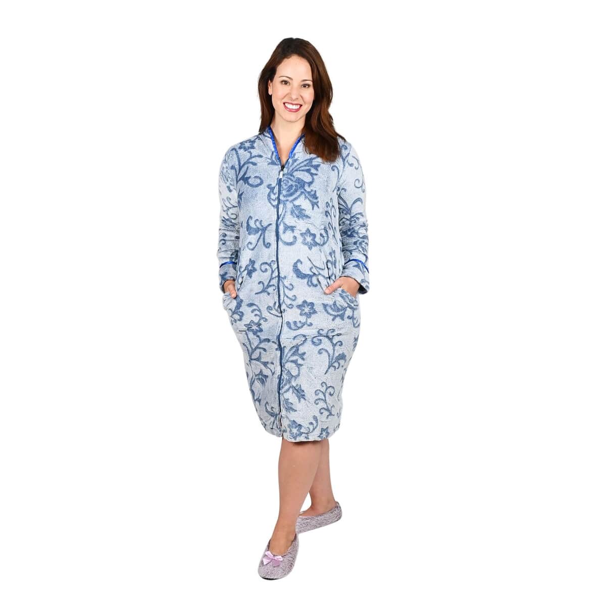 LATI FASHIONS Blue Burnout Floral Zipper Front Robe-L image number 0