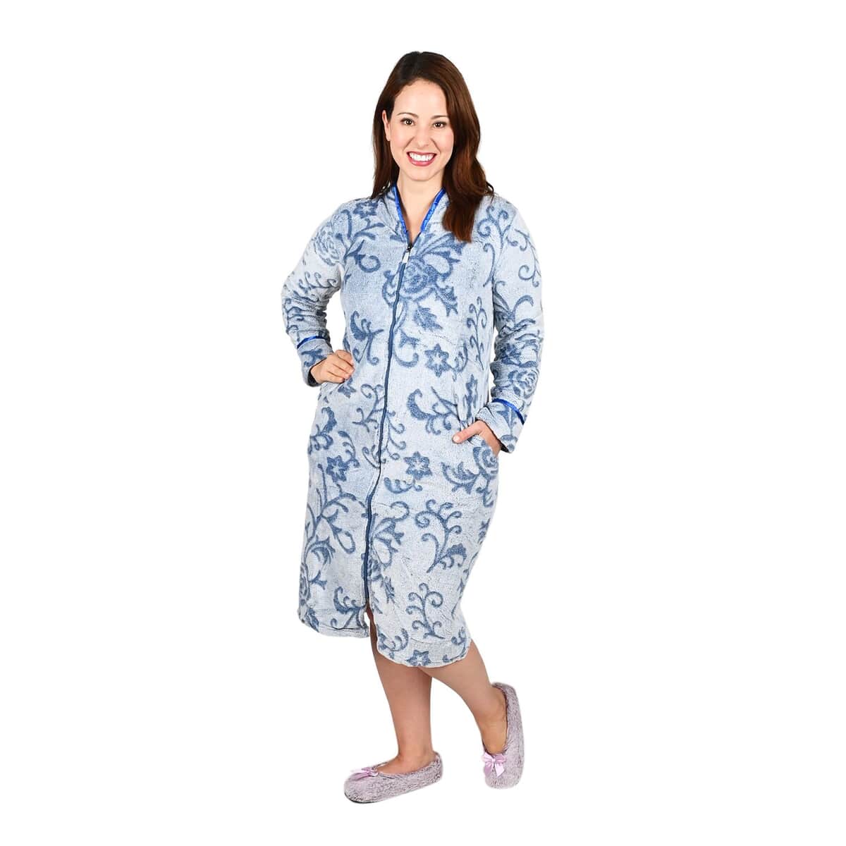 LATI FASHIONS Blue Burnout Floral Zipper Front Robe-L image number 3