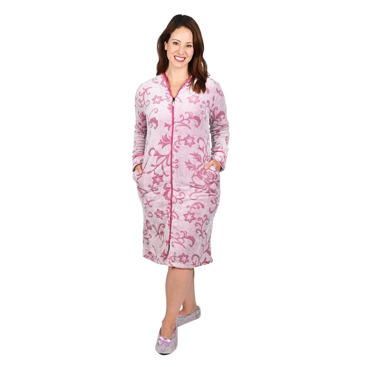 LATI FASHIONS Pink Burnout Floral Zipper Front Robe L image number 0