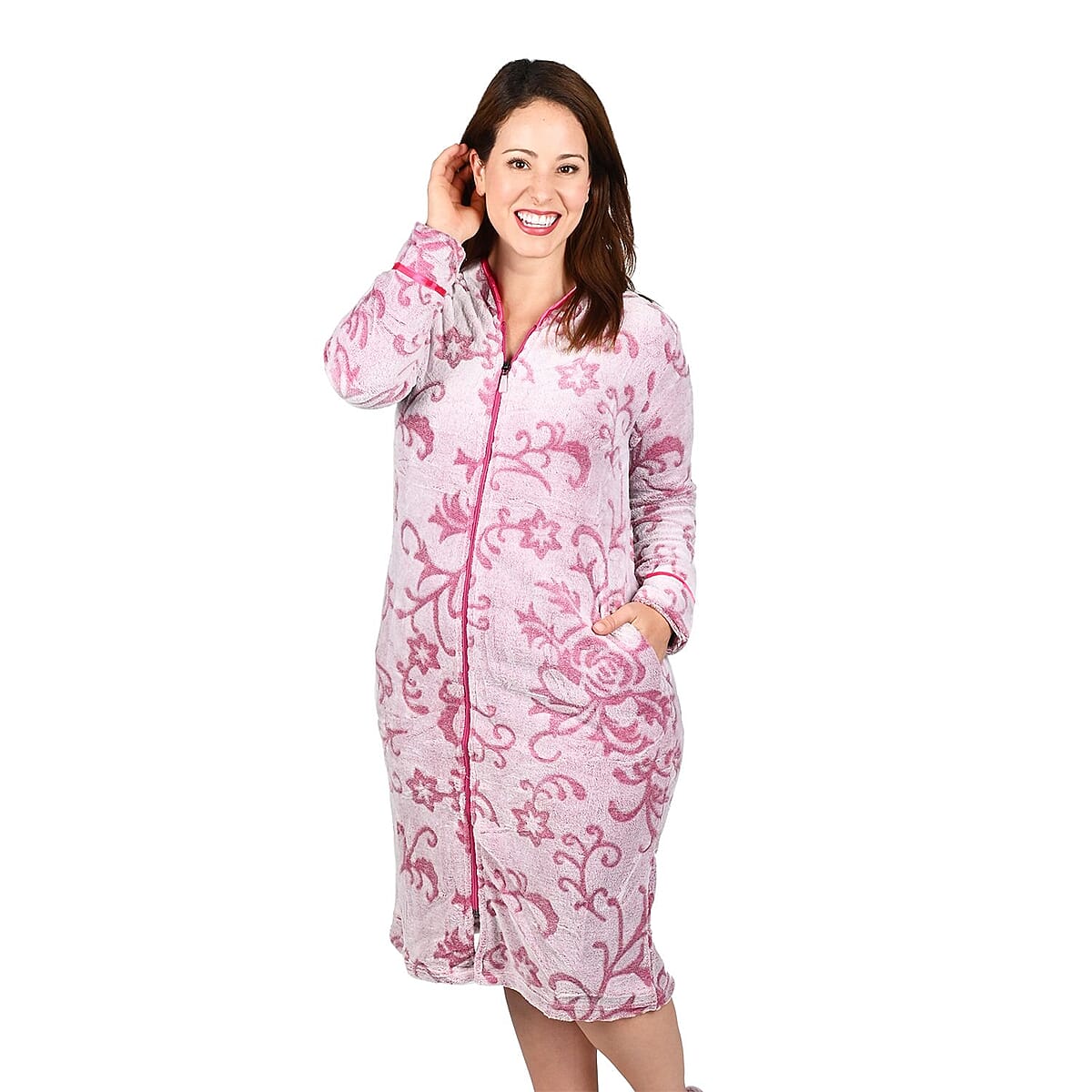 LATI FASHIONS Pink Burnout Floral Zipper Front Robe 1X image number 3