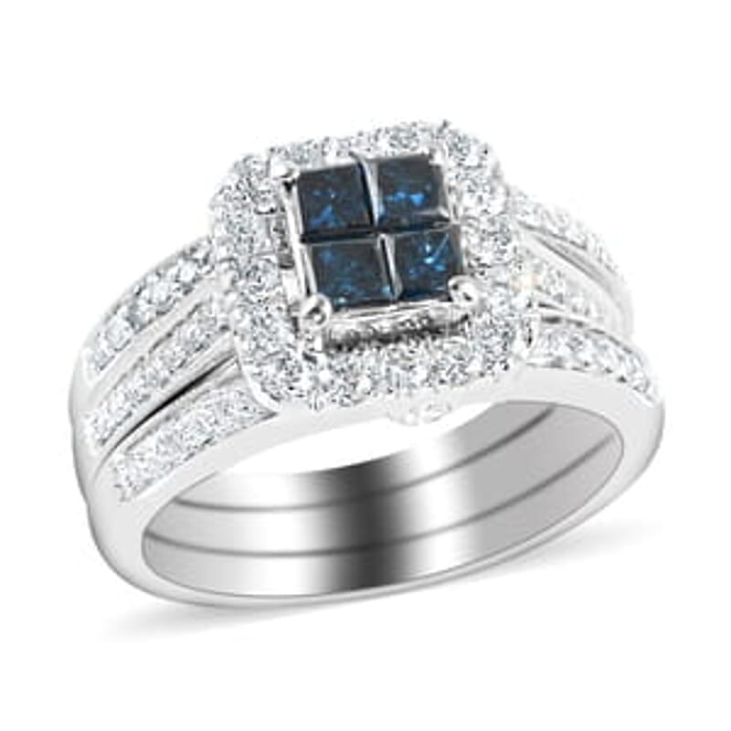 14K White Gold Blue and White Diamond Stackable Ring (Size 7.0) 8.40 Grams 1.50 ctw