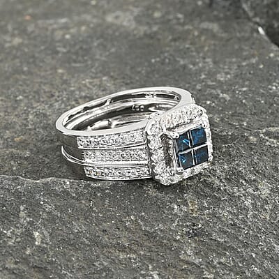 14K White Gold Blue and White Diamond Stackable Ring (Size 7.0) 8.40 Grams 1.50 ctw