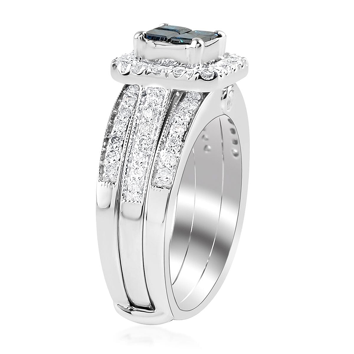 14K White Gold Blue and White Diamond Stackable Ring (Size 7.0) 8.40 Grams 1.50 ctw