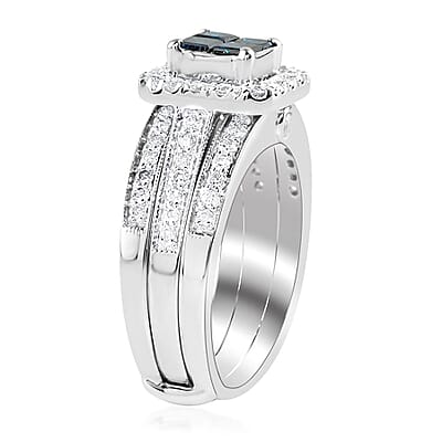 14K White Gold Blue and White Diamond Stackable Ring (Size 7.0) 8.40 Grams 1.50 ctw