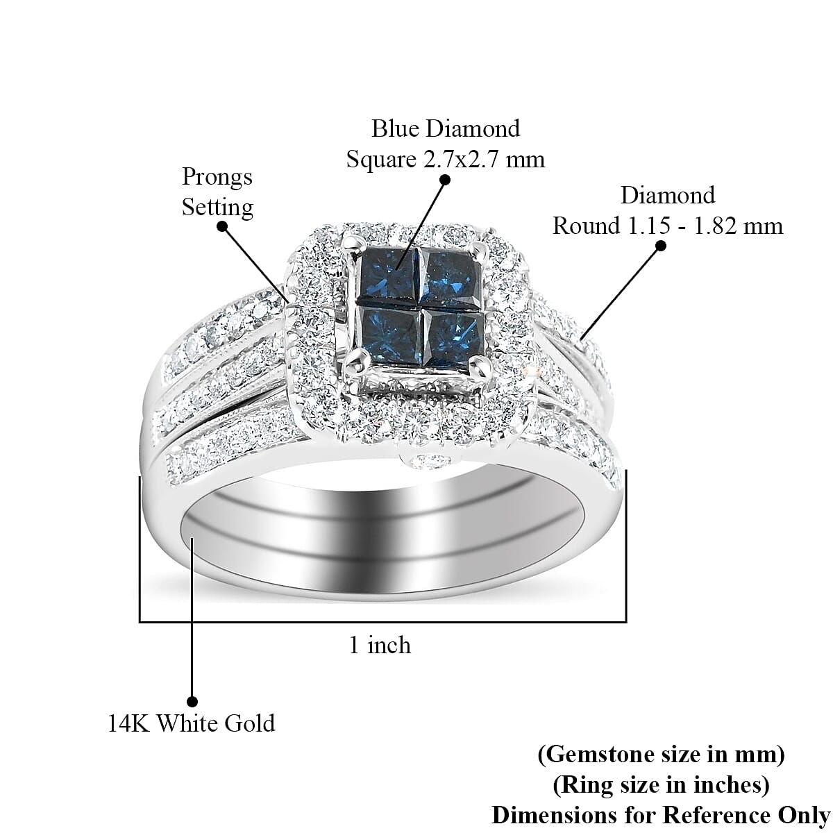 14K White Gold Blue and White Diamond Stackable Ring (Size 7.0) 8.40 Grams 1.50 ctw