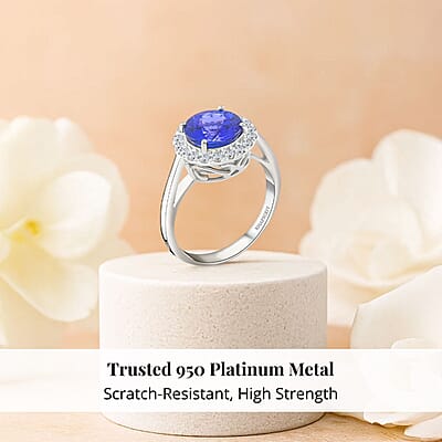 Ankur Treasure Chest Certified Rhapsody 950 Platinum AAAA Tanzanite and E-F, VS Diamond Halo Ring (Size 10.0) 6.30 Grams 2.90 ctw