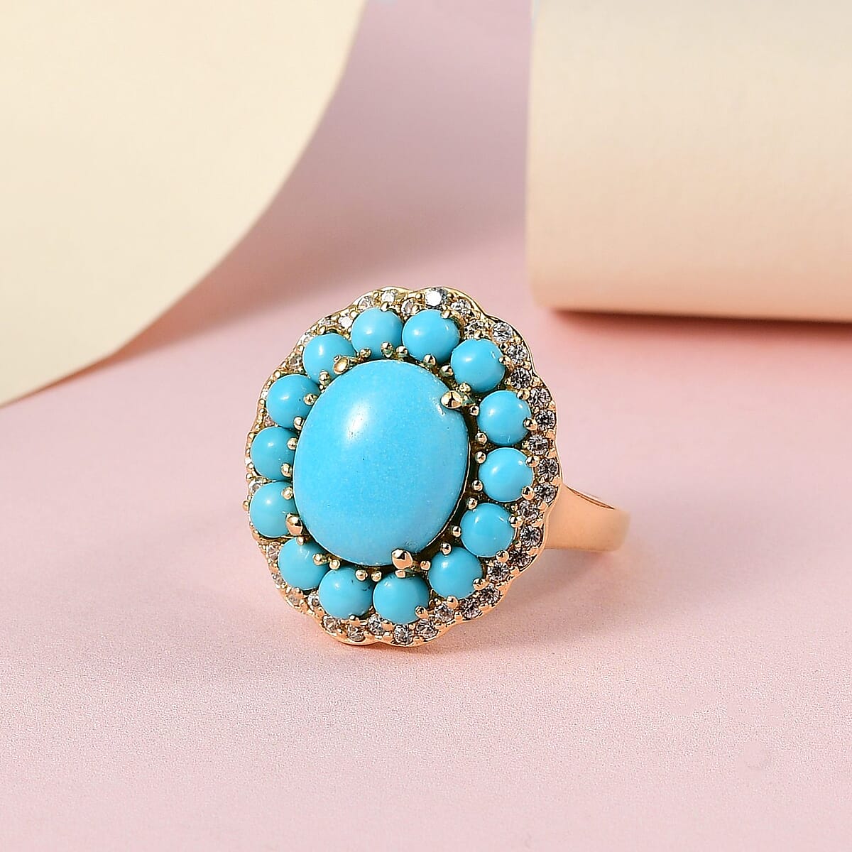Sleeping Beauty Turquoise and Natural White Zircon Double Halo Ring in Vermeil YG Over Sterling Silver (Size 10.0) 6.50 ctw image number 1