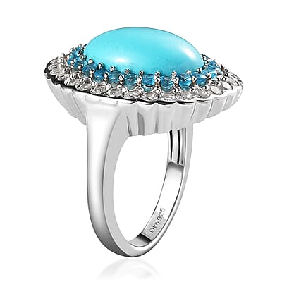 Sleeping Beauty Turquoise and Multi Gemstone 6.75 ctw Double Halo Ring in Platinum Over Sterling Silver (Size 10.0)