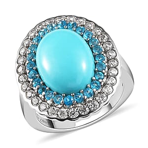 Sleeping Beauty Turquoise and Multi Gemstone Double Halo Ring in Platinum Over Sterling Silver (Size 9.0) 6.75 ctw