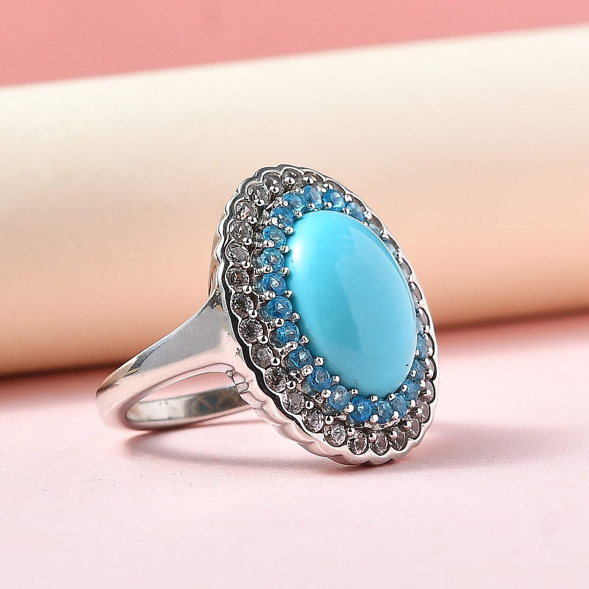 Sleeping Beauty Turquoise and Multi Gemstone Double Halo Ring in Platinum Over Sterling Silver (Size 9.0) 6.75 ctw image number 1