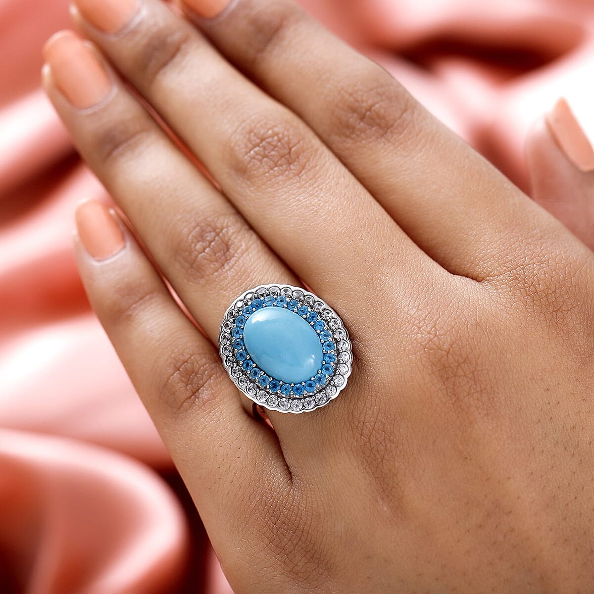 Sleeping Beauty Turquoise and Multi Gemstone Double Halo Ring in Platinum Over Sterling Silver (Size 9.0) 6.75 ctw image number 2