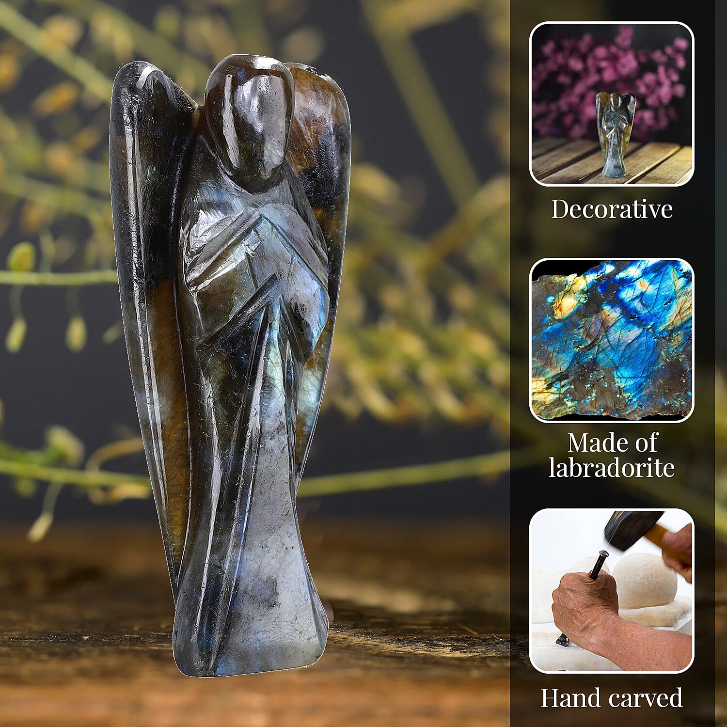 Hand Carved Labradorite Gemstone Angel - Brilliant Blue