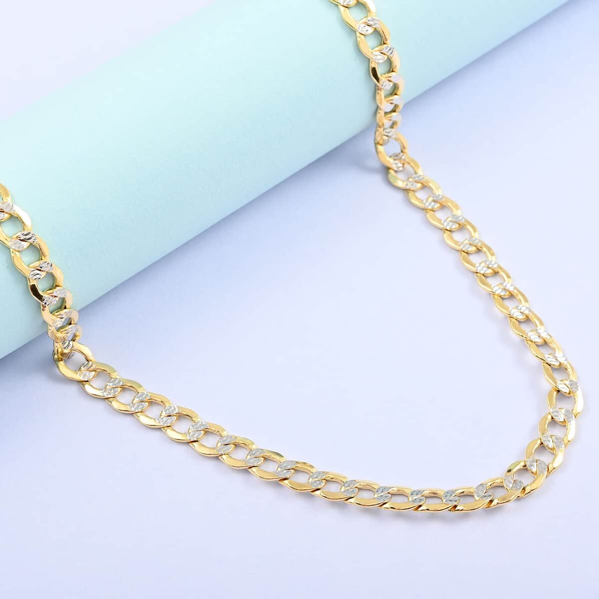 Two Tone 10K Yellow Gold 3.5mm Diamond Cut Pave Curb Chain Necklace (18 Inches) 3.90 grams image number 1