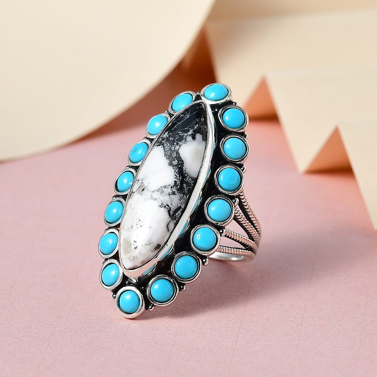 White Buffalo and Mexican Turquoise Halo Ring in Sterling Silver (Size 10.0) 7.35 Grams 10.00 ctw image number 1