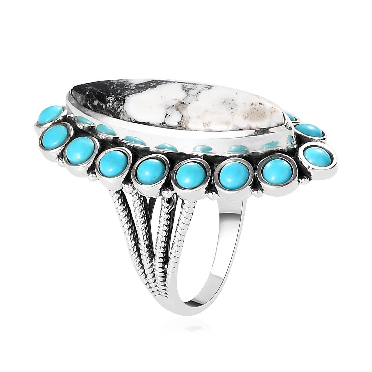 White Buffalo and Mexican Turquoise Halo Ring in Sterling Silver (Size 10.0) 7.35 Grams 10.00 ctw image number 3