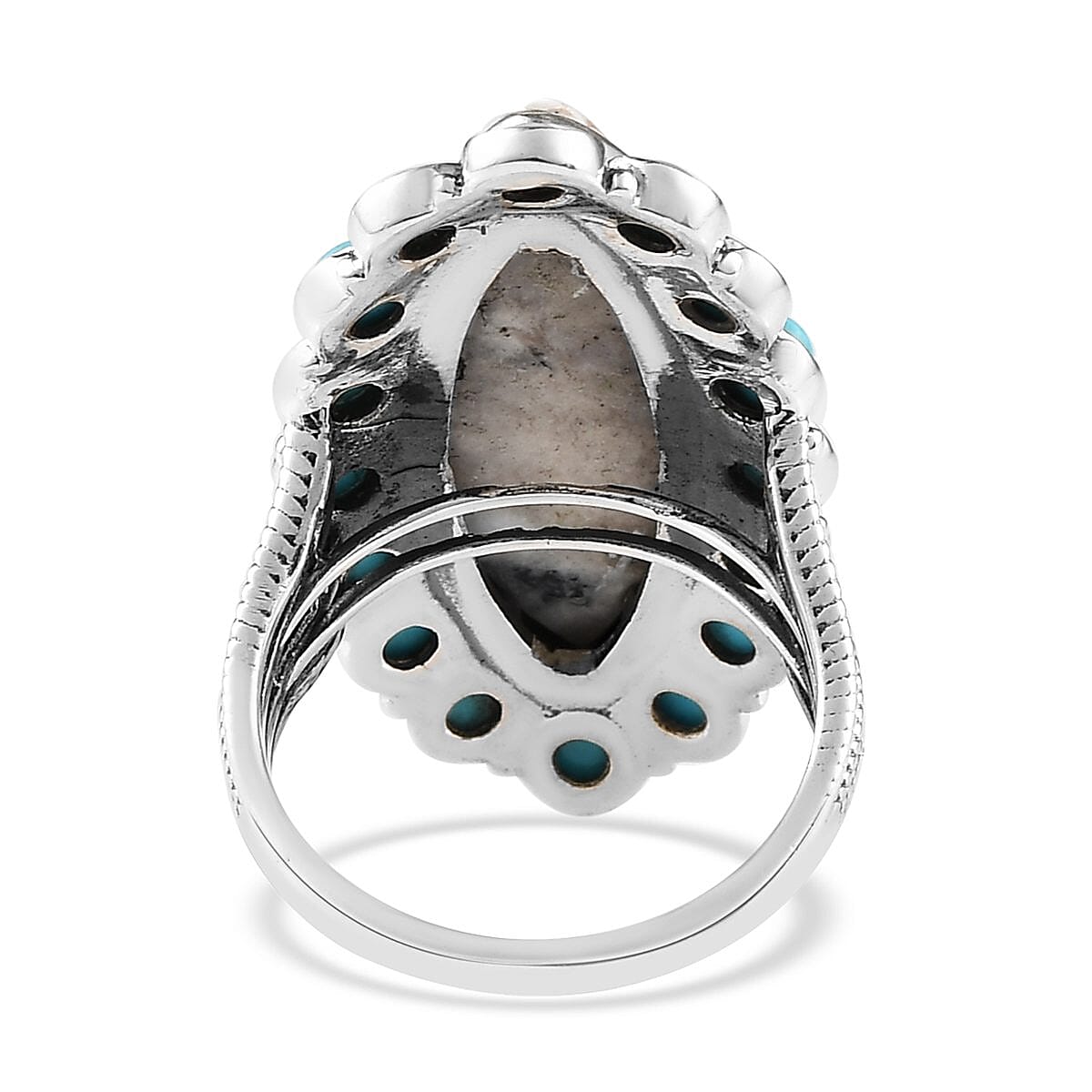 White Buffalo and Mexican Turquoise Halo Ring in Sterling Silver (Size 10.0) 7.35 Grams 10.00 ctw image number 4