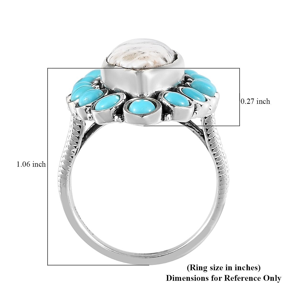 White Buffalo and Mexican Turquoise Halo Ring in Sterling Silver (Size 10.0) 7.35 Grams 10.00 ctw image number 5