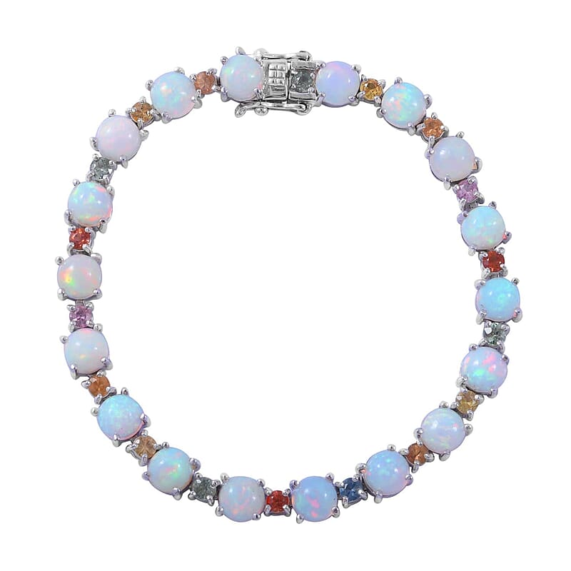 Premium Ethiopian Welo Opal and Multi Sapphire Bracelet in Platinum Over Sterling Silver (6.50 In) 11.90 ctw
