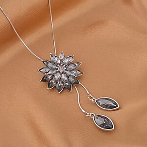 Gray Austrian Crystal and Gray Glass Lariat Necklace 18-36 Inches in Silvertone