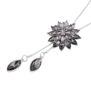 Gray Austrian Crystal and Gray Glass Lariat Necklace 18-36 Inches in Silvertone