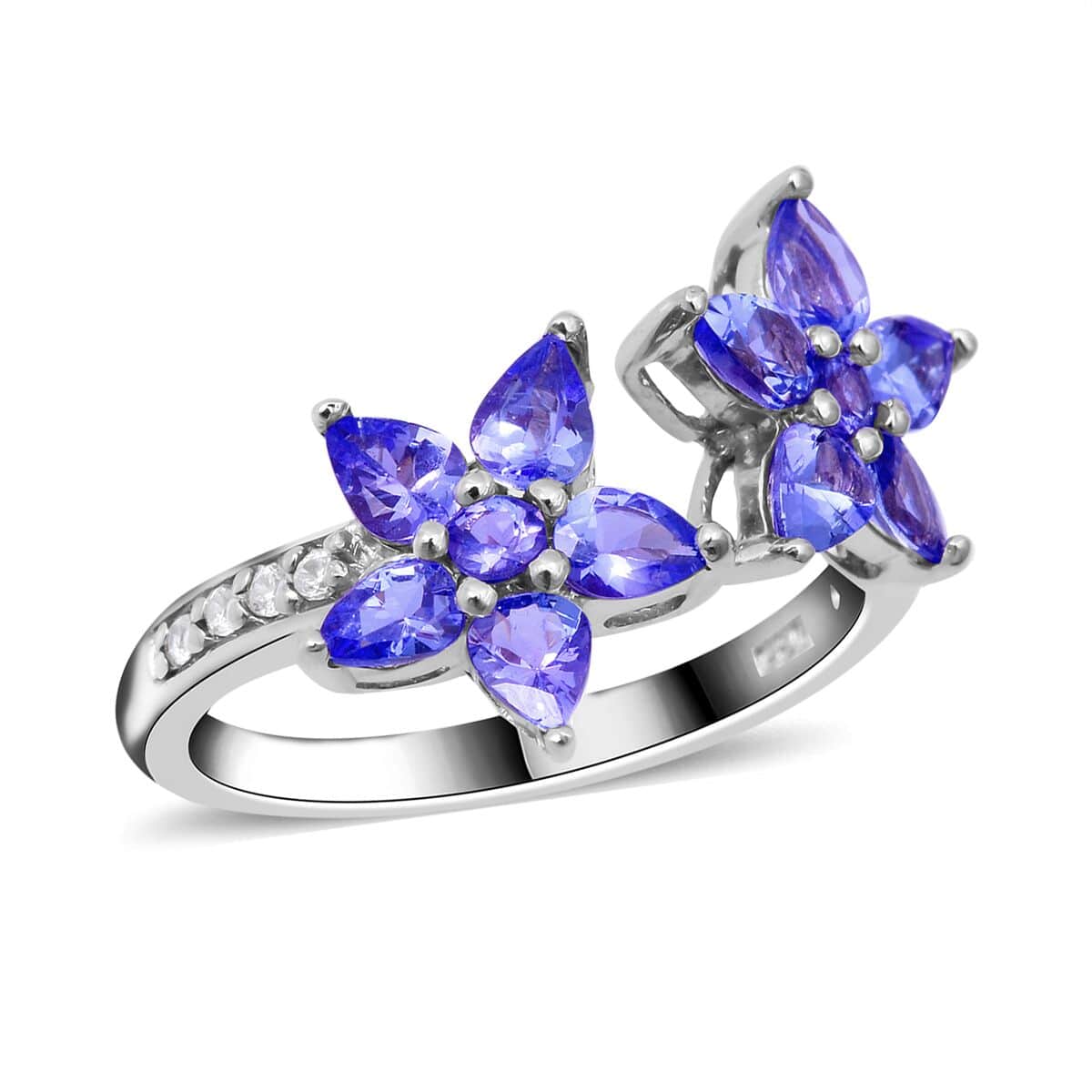 Tanzanite and Natural White Zircon Floral Bypass Ring in Sterling Silver 1.80 ctw image number 0