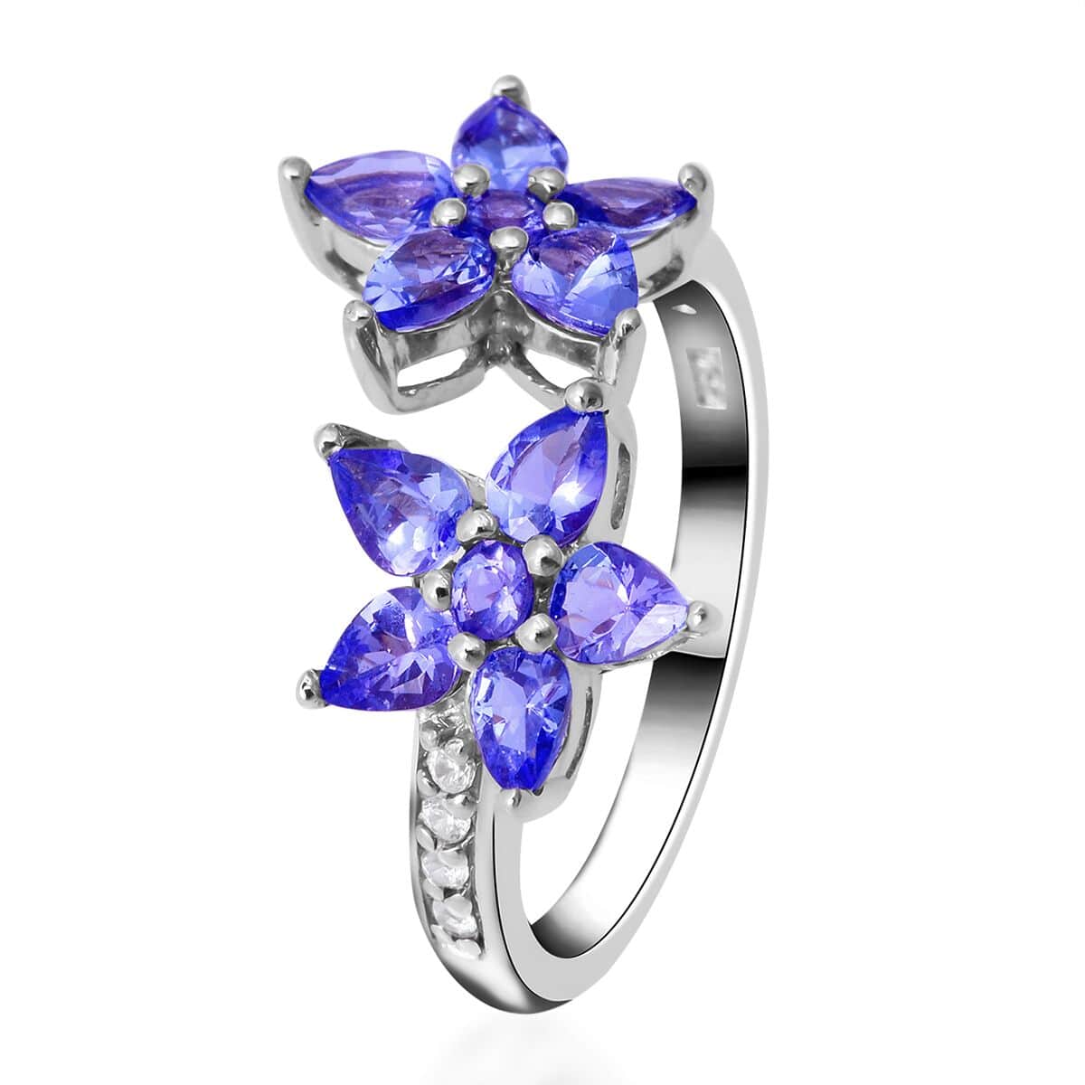 Tanzanite and Natural White Zircon Floral Bypass Ring in Sterling Silver 1.80 ctw image number 2