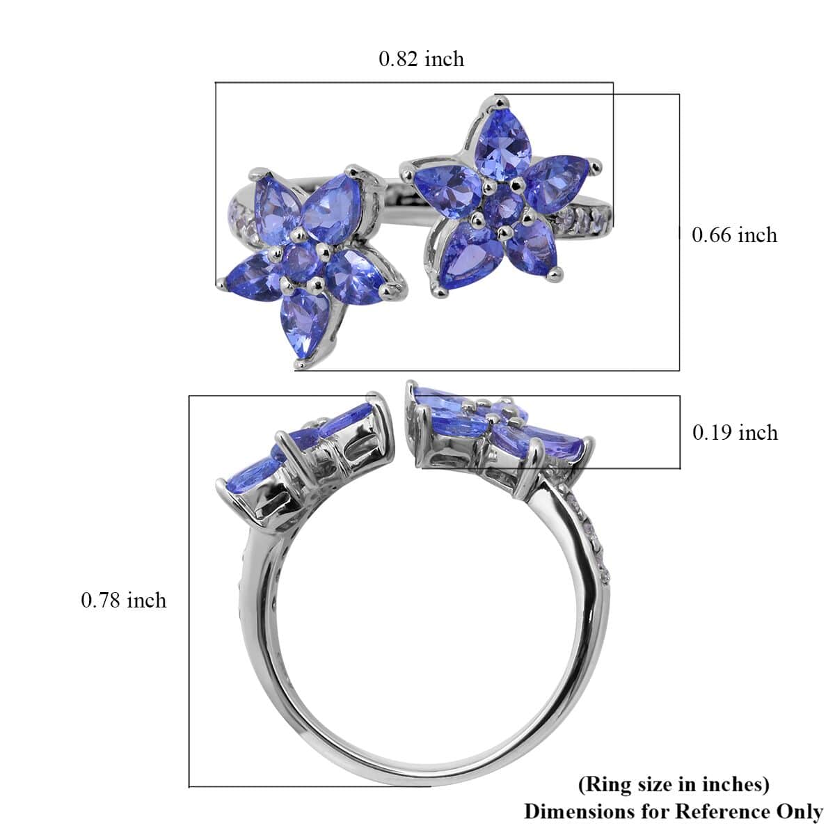 Tanzanite and Natural White Zircon Floral Bypass Ring in Sterling Silver 1.80 ctw image number 4