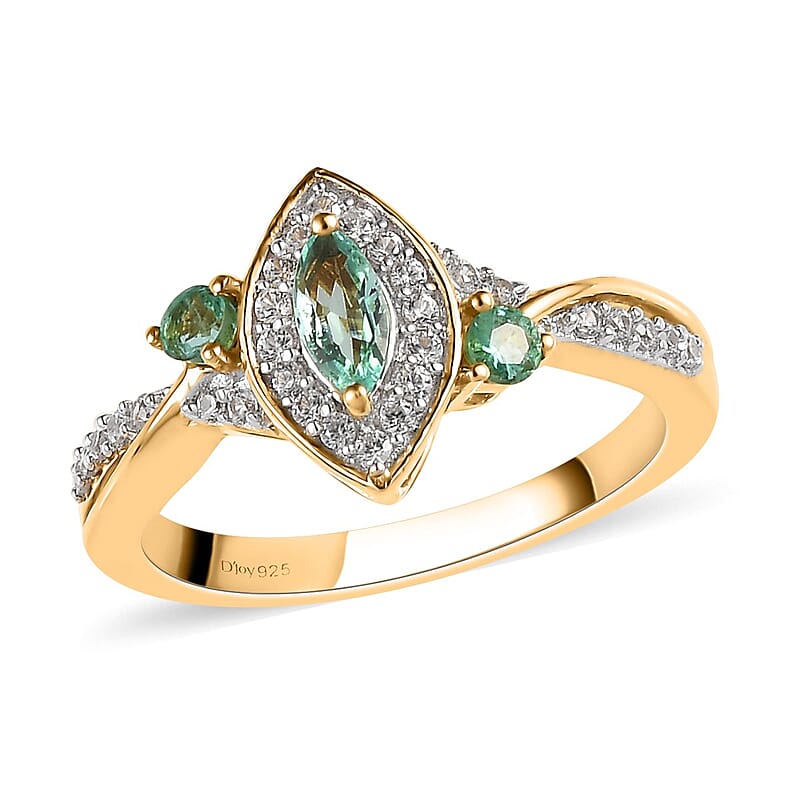 Boyaca Colombian Emerald and Natural White Zircon Ring in Vermeil Yellow Gold Over Sterling Silver (Size 10.0) 0.65 ctw