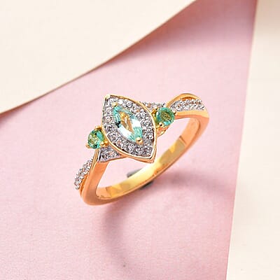 Boyaca Colombian Emerald and Natural White Zircon Ring in Vermeil Yellow Gold Over Sterling Silver (Size 10.0) 0.65 ctw