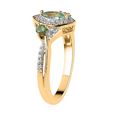 Boyaca Colombian Emerald and Natural White Zircon Ring in Vermeil Yellow Gold Over Sterling Silver (Size 10.0) 0.65 ctw