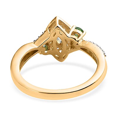 Boyaca Colombian Emerald and Natural White Zircon Ring in Vermeil Yellow Gold Over Sterling Silver (Size 10.0) 0.65 ctw