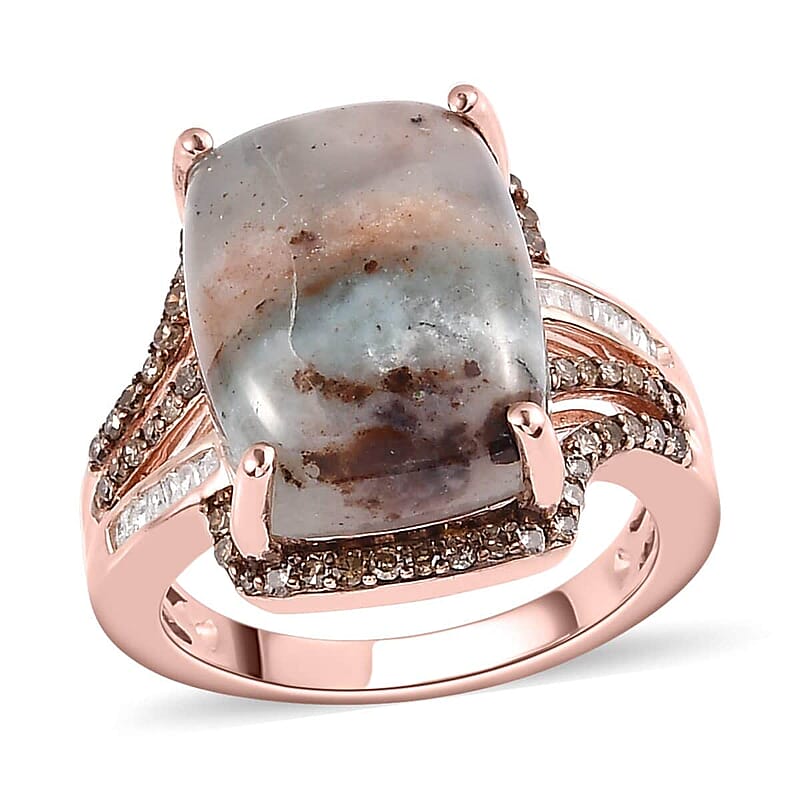 Premium Zimbaprase, Natural Champagne and White Diamond Ring in Vermeil Rose Gold Over Sterling Silver (Size 10.0) 12.35 ctw